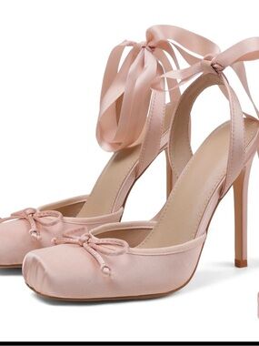Blush Pink Satin Ankle-Tie High Heel Pumps